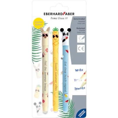 Abbildung von EBERHARD FABER 582184 Tintenroller radierbar, 3 Animal Erase it Sommermotive, Gelschreiber blau 0,7 mm