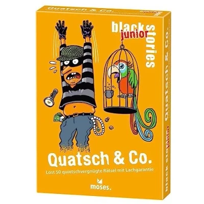 Abbildung von moses. black stories junior Quatsch &amp; Co. 50 witzige Rätsel mit Lachgarantie, Kartenspiel Spielvariante und Punktechips, Rätselspiel für Kinder ab 8 Jahren