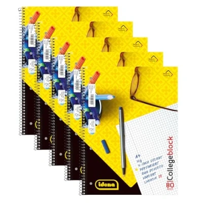 Abbildung von Idena 90367 5 Stück Collegeblock A4 mit 80 Blatt kariert und Doppelrand, Block Spiralbindung, 70g/m² Papier 4 fach gelocht perforiert