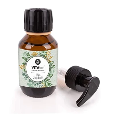 Abbildung von VitaFeel Bio Jojobaöl Gold 100 ml mit Pumper 100% rein &amp; kaltgepresst Feuchtigkeitspflege für Haut Haare Trägeröl Massage Aromatherapie trockener Kopfhaut