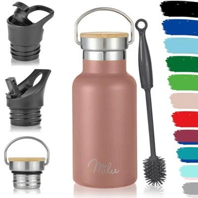 Abbildung von Milu Edelstahl Trinkflasche 350ml 500ml 750ml 1000ml (+3 Deckel) Thermosflasche mit Strohhalm, Isolierte Wasserflasche, Auslaufsichere Isolierflasche doppelwandig (Rose Gold, 750ml)