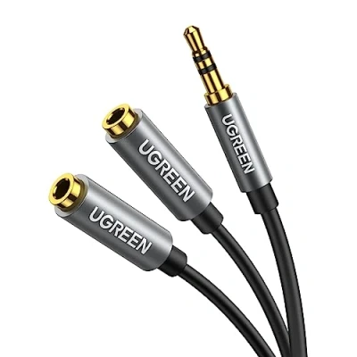 Abbildung von UGREEN Audio Splitter 3,5mm Aux Verlängerung Kabel für Zwei Kopfhörer, Klinke kompatibel mit Handy, PC, Tablet, Headset, Autoradio, Lautsprecher usw. 20cm Grau