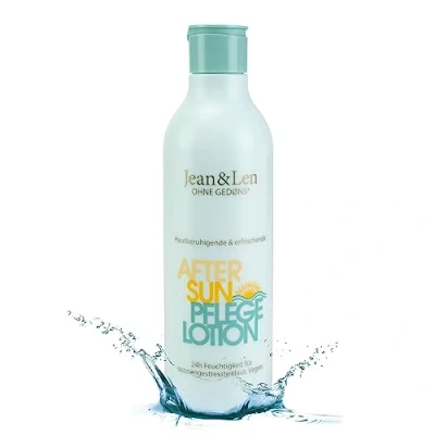 Abbildung von Jean &amp; Len After Sun Pflege Lotion, wirkt hautberuhigend erfrischend, mit Aloe Vera Vitamin E, bis zu 24h Feuchtigkeit für sonnengestresste Haut, ohne Parabene Silikone, Après vegan, 250 ml