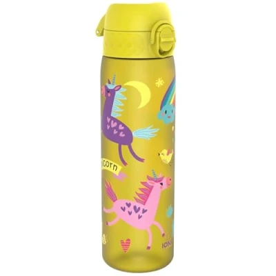 Abbildung von ion8 Trinkflasche, 500 ml, Auslaufsicher, Einhandöffnung, Sichere Verriegelung, Spülmaschinenfest, BPA frei, Tragegriff, Klappdeckel, Leicht zu Reinigen, Klimaneutral, Gelb Einhörner