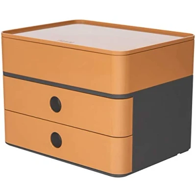 Abbildung von HAN Schubladenbox Allison SMART BOX plus mit 2 Schubladen, Trennwand sowie Utensilienbox, Kabelführung, stapelbar, Büro, Schreibtisch möbelschonende Gummifüße, 1100 83, hochglänzend caramel brown