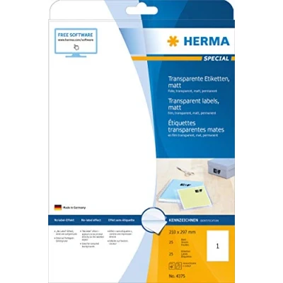 Abbildung von HERMA 4375 Wetterfeste Folienetiketten transparent, 25 Blatt, 210 x 297 mm, 1 pro A4 Bogen, Stück, selbstklebend, bedruckbar, matt, blanko Klebeetiketten Aufkleber aus Folie, durchsichtig
