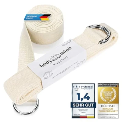 Abbildung von Body &amp; Mind® Yogagurt aus 100% Natur Baumwolle 250 cm lang; Yoga Band mit D Ring Verschluss für Anfänger Fortgeschrittene; Pilates, Fitness Übungen (Elfenbein)