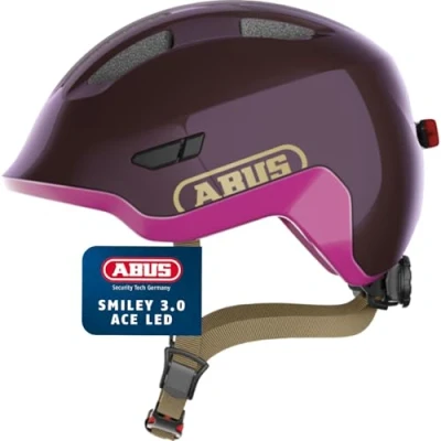 Abbildung von ABUS Kinderhelm Smiley 3.0 ACE LED Fahrradhelm mit Licht tiefe Passform &amp; Platz für einen Zopf Mädchen und Jungs Violett Glänzend, Größe M