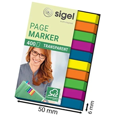 Abbildung von SIGEL HN617 Haftmarker, 400 transparente reißfeste Textstreifen, extra schmale Streifen 6 x 50 mm, 5 Farben