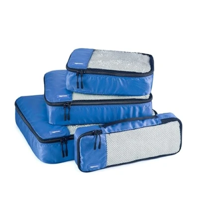 Abbildung von Amazon Basics Packwürfel Set für Koffer, Reise Organizer, Reißverschluss, 4 Teilig, Groß, Mittelgroß, Klein, Schmal, Blau
