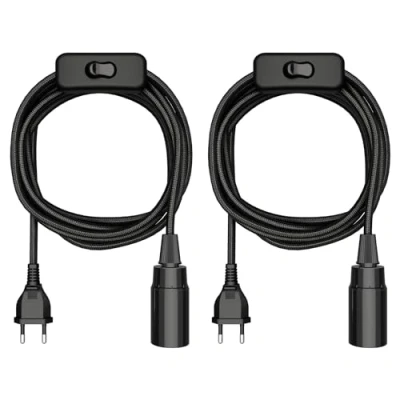 Abbildung von ledscom.de 2 Stück Textilkabel LEHA, Stecker, Schalter, schwarz, 3 m, Lampen Fassung, 1x E14 max. 60W