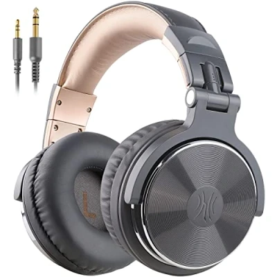Abbildung von OneOdio Over Ear Kopfhörer mit Kabel, 50mm Treiber, Bassklang, 6.35 &amp; 3.5mm Klinke, Share Port, Geschlossene DJ Headphones für Studio, Podcast, Monitor, Handy, PC, MP3/4 (Pro 10 Grau Gold)