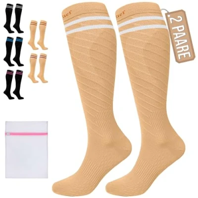 Abbildung von 360 Relief Kompressionsstrümpfe Klasse 1 für Damen und Herren 15 20 mmHg Stützstrümpfe langstreckenflug, Reise, Sports, Running, Laufen 2 Paare Kompressionssocken S/M Beige mit Wäschenetz