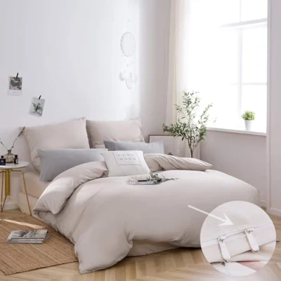 Abbildung von AYSW Bettwäsche gebürstet Microfaser 1 Bettbezug 135x200cm + Kopfkissenbezug 80x80cm mit Reißverschluss Beige