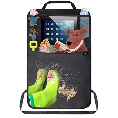 Abbildung von Termichy Rückenlehnenschutz Auto kinder,Auto Organizer,Organizer Rücksitz kinder, Wasserdichtes Plane Kick Matten Schutz für Autositz zurück mit große Aufbewahrungstasche (1 Stück,Schwarz)