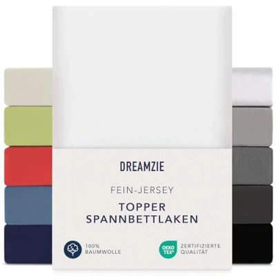 Abbildung von Dreamzie Premium Topper Spannbettlaken 90x200 cm 100x200 extra niedriger Seitenhöhe für Topperauflage Spannbetttuch Jersey Baumwolle, 150 g/m² Oeko TEX Weiß