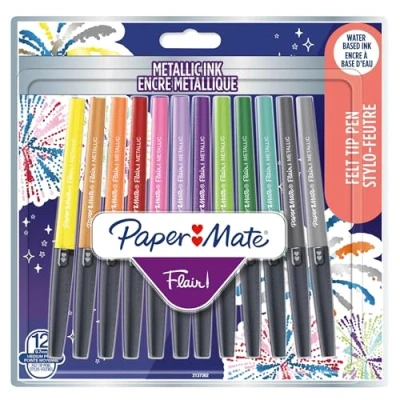 Abbildung von Paper Mate Flair Stifte Metallic Filzstifte mittlere Spitze (0,7 mm) glitzernde Tinte glänzt auf weißem Papier farblich sortiert 12 Stück