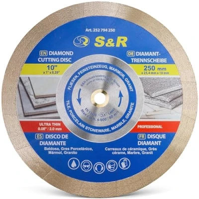 Abbildung von S&amp;R Diamanttrennscheibe 250 x 25,4 7 mm (1,6 extra dünn), Trennscheibe für sauberes Trennen von Fliesen, Porzellan, Keramik, Feinsteinzeug, Granit, Marmor, Tischsäge, Fliesenschneidmaschine