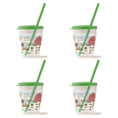 Abbildung von Snips, Set mit 4 Gläsern Strohhalm, 0,385 Liter, Wiederverwendbare Gläser für Kinder, Dekor Farm, Hergestellt in Italien, 0% BPA, Grün