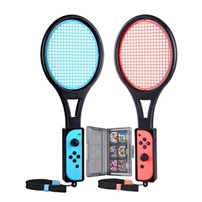 Abbildung von Tendak Tennisschläger für Nintendo Switch Mario Tennis Aces Spiele Racket Joy Con Controllers mit 12 in 1 Karte Case Tasche (2 Stück, Blau und Rot)
