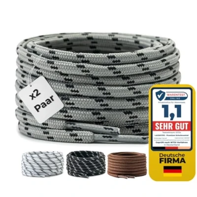 Abbildung von LaceHype 2 Paar Premium Runde Schnürsenkel [ Ø4,5 mm ] Polyester für Arbeitsschuhe, Stiefel, Outdoorschuhe und Sportschuhe reißfeste Schuhbänder (Grau/Schwarz, 150cm)