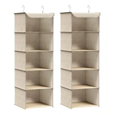 Abbildung von SONGMICS Hängeorganizer, Schrank Organizer, Hängeregal, Hängeaufbewahrung, faltbar und platzsparend, Metallhaken Bambus Einsätze, leinenartige Textur, sandbeige RCH005Y01