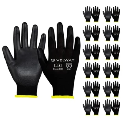 Abbildung von Velway 12 Paar Arbeitshandschuhe Mechaniker Handschuhe Größe 9 Leichte Damen Gartenhandschuhe Rutschfeste mit PU Beschichtete Herren Montagehandschuhe Atmungsaktive EN388 Schwarz