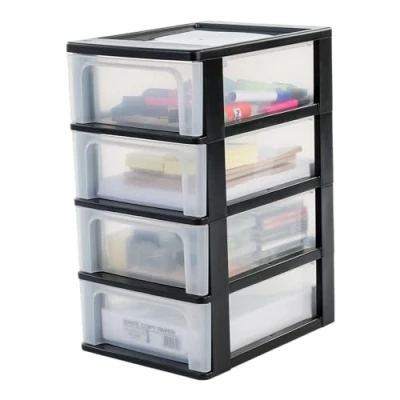 Abbildung von Iris Ohyama, Kunststoff Schubladenbox mit 4 flachen Schubladen, Schwarz, Easy Pull System, A4, A5 &amp; A6 Format, Schreibtisch Organizer für Büro, Schule, Schreibwaren, BPA frei, Schubladenschrank,