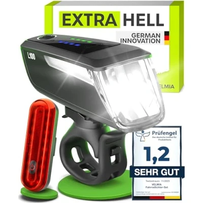Abbildung von VELMIA Fahrradlichter Set [100 LUX] StVZO zugelassen mit besonders starker Ausleuchtung und 8,5h Leuchtdauer I LED Fahrradlicht regenfest aufladbar Fahrrad Licht, Zubehör Schwarz