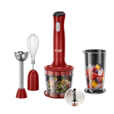 Abbildung von Russell Hobbs Stabmixer [3 in 1: Pürierstab/Zerkleinerer, Mixer &amp; Schneebesenaufsatz] Desire Rot (BPA freies spülmaschinenfestes Zubehör, für Smoothie, Suppen Saucen, Joghurt Babynahrung) 24700 56