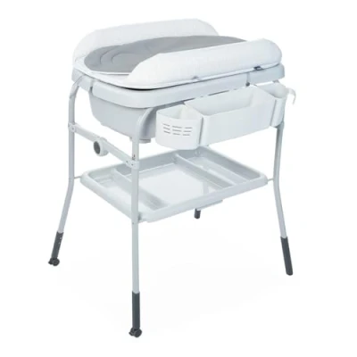Abbildung von Chicco Cuddle &amp; Bubble Ergonomische Babywanne mit Ständer und Wickeltisch Auflage Weichem Reduzierkissen, Höhenverstellbar, Kompakte Schließung, Ablagefläche 2 Räder, max. 11 kg