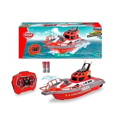 Abbildung von Dickie Toys 201107000 Feuerwehrboot, ferngesteuertes Boot mit Funksteuerung, Feuerwehr, Wasserspritzfunktion, 3 Kanäle, 27 MHz, USB Aufladung, Geschwindigkeit max km/h, für Kinder ab 6 Jahren