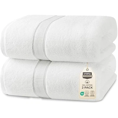 Abbildung von Utopia Towels 2er Badetücher Groß aus Baumwolle mit Aufhänger, Saunatücher,Badehandtücher Groß, Handtücher 90 x 180 cm (Weiß)
