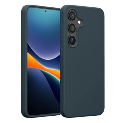 Abbildung von kwmobile Schutzhülle kompatibel mit Samsung Galaxy S25 Hülle Silikon Handy Case Handyhülle für weiche Oberfläche kabelloses Laden Dunkler Schiefer