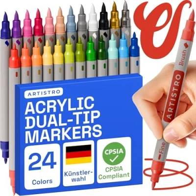 Abbildung von Artistro Acrylfarbenstifte, Kunstset, Acrylfarbenmarker mit Doppelspitze, Acrylmarker für Stoff, Leinwand, Stein, Glas, Holz, Papier, Heimwerken (Doppelspitze + fein, 24)