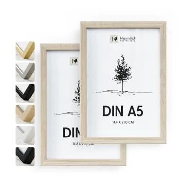 Abbildung von Heimlich® Bilderrahmen A5 14,8x21 cm, Eichenholz, 2er Pack Diplom Poster Collage Rahmen mit Folienabdeckung Zur Wandmontage oder Tischmontage
