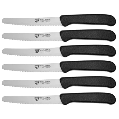Abbildung von GRÄWE Tafelmesser 6 Stück, Messerset zum Schneiden, 6er Pack Brötchenmesser, Frühstücksmesser mit einseitigem Wellenschliff, Brotzeitmesser, scharfe Messer für Brotzeit, 21 cm Schwarz