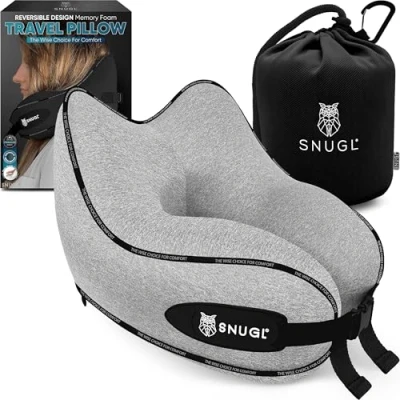 Abbildung von SNUGL Nackenkissen Memory Foam Waschbar &amp; Verstellbar Kuscheliges Nacken Reisekissen Für Flugzeug, Auto Unterwegs Reise Kissen Nackenhörnchen, Neck Travel Pillow (Grau, Erwachsener Normal)