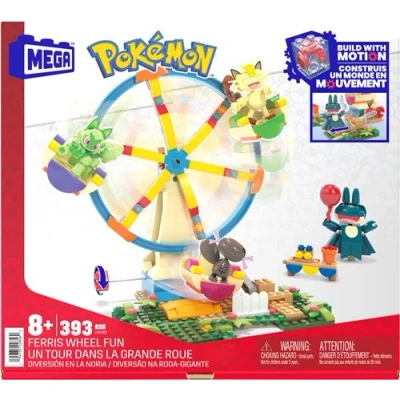 Abbildung von MEGA Pokémon Actionfigur Bauspielzeug, Spaß auf dem Riesenrad mit 393 Teilen und beweglichem Felori, Mampfaxo, Mauzi Felino, für Kinder, HXF80