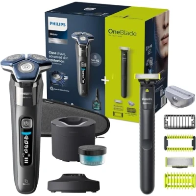 Abbildung von Philips Shaver S7000 Elektrischer Nass und Trockenrasierer mit SkinIQ Technologie in Dark Chrome, ausklappbarem Trimmer, Reinigungsstation, Reinigungskartusche &amp; OneBlade (Modelle S7887/78)