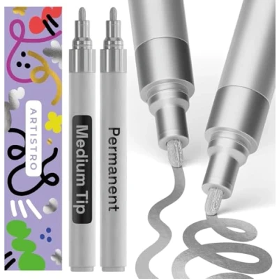 Abbildung von Artistro Permanent Marker Silber 2 Stück Acrylstifte Wasserfest Filzstift mit 3 mm Spitze, Schnell Trocknender Glanzlackmarker für Textil, Stein, Keramik, Glas, Holz, Metall, Karton