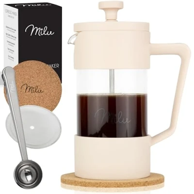 Abbildung von Milu French Press Kaffeebereiter 350ml, 600ml, 1L Glas Kaffeepresse, Kaffeezubereiter für Zuhause Reisen Camping inkl. Untersetzer, Löffel, Ersatzfilter (Beige, 600ml (3 Tassen)
