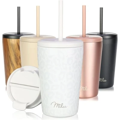 Abbildung von Milu Thermobecher 300ml, 400ml, 500ml 100% Auslaufsicher Edelstahl Kaffeebecher to go isoliert mit Strohhalm hält 10h heiß / 20h kalt, BPA frei (White Leopard, 400ml)