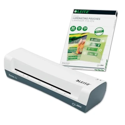 Abbildung von Leitz Set iLAM Home A4 Laminiergerät + Heißlaminierfolien 80 mic im 100er Pack, für 75 bis 125 Laminierfolien, 3 Min. Aufwärmzeit, Weiß, Ideal Office &amp; Schule, 74200000