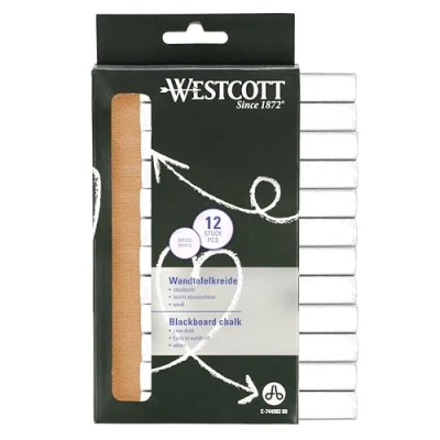 Abbildung von Westcott Kreide 12 Stück Weiss 12er Pack Tafelkreide mit 1,2cm ⌀ in deckendem staubarm &amp; leicht abwischbar 8,5cm lange Kreidestifte E 744982 00