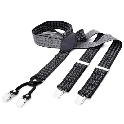 Abbildung von DonDon Hosenträger Herren extra stark kariert schwarz grau weiß 3,5 cm breit in Y Form lang Starke Clips passend für Anzug Jeans Chinos Vintage Rockabilly Suspenders