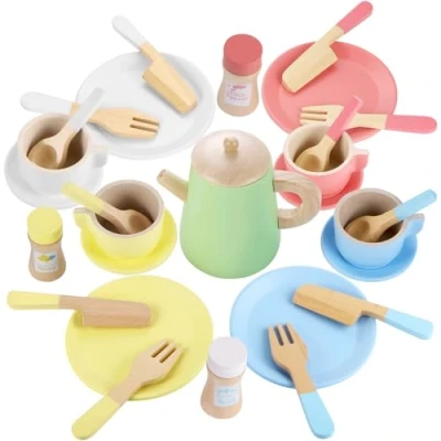 Abbildung von GAGAKU Kinder Geschirr Set aus Holz, Spielküchen Zubehör mit Teller und Besteck, Holzständer