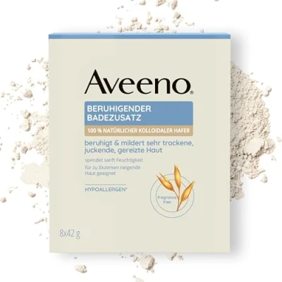 Abbildung von Aveeno beruhigender Badezusatz (8 x 42 g), feuchtigkeitsspendendes Entspannungsbad mit 100% natürlichem kolloidalem Hafer für sehr trockene Haut