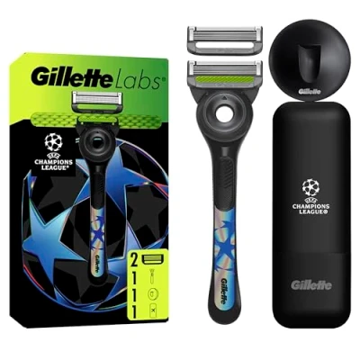 Abbildung von Gillette Labs mit Reinigungselement UEFA Champions League Special Edition, Rasierer für Männer,1 Handstück 2 Ersatzklingen, beinhaltet Reiseetui und Wandhalterung