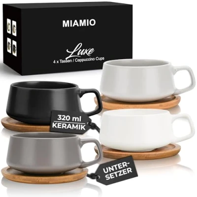 Abbildung von MIAMIO 4 x 320 ml Kaffeetassen/Cappuccino Tassen mit Unterteller/elegant/modern/Kaffeebecher aus Steingut Luxe Kollektion 4er Set (Klassisches Pastell)